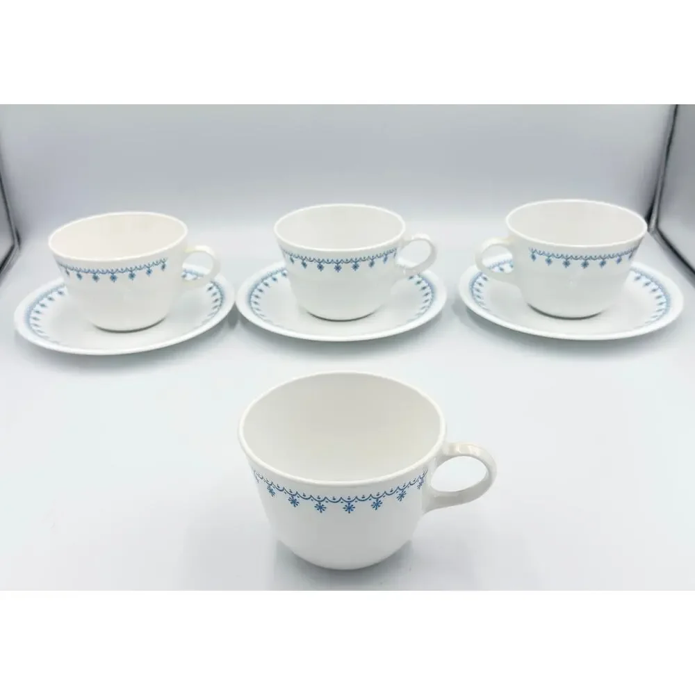 Vintage Snowflake Blue (Corelle) by CORNING - Flat Cup & Saucer 7pc Set